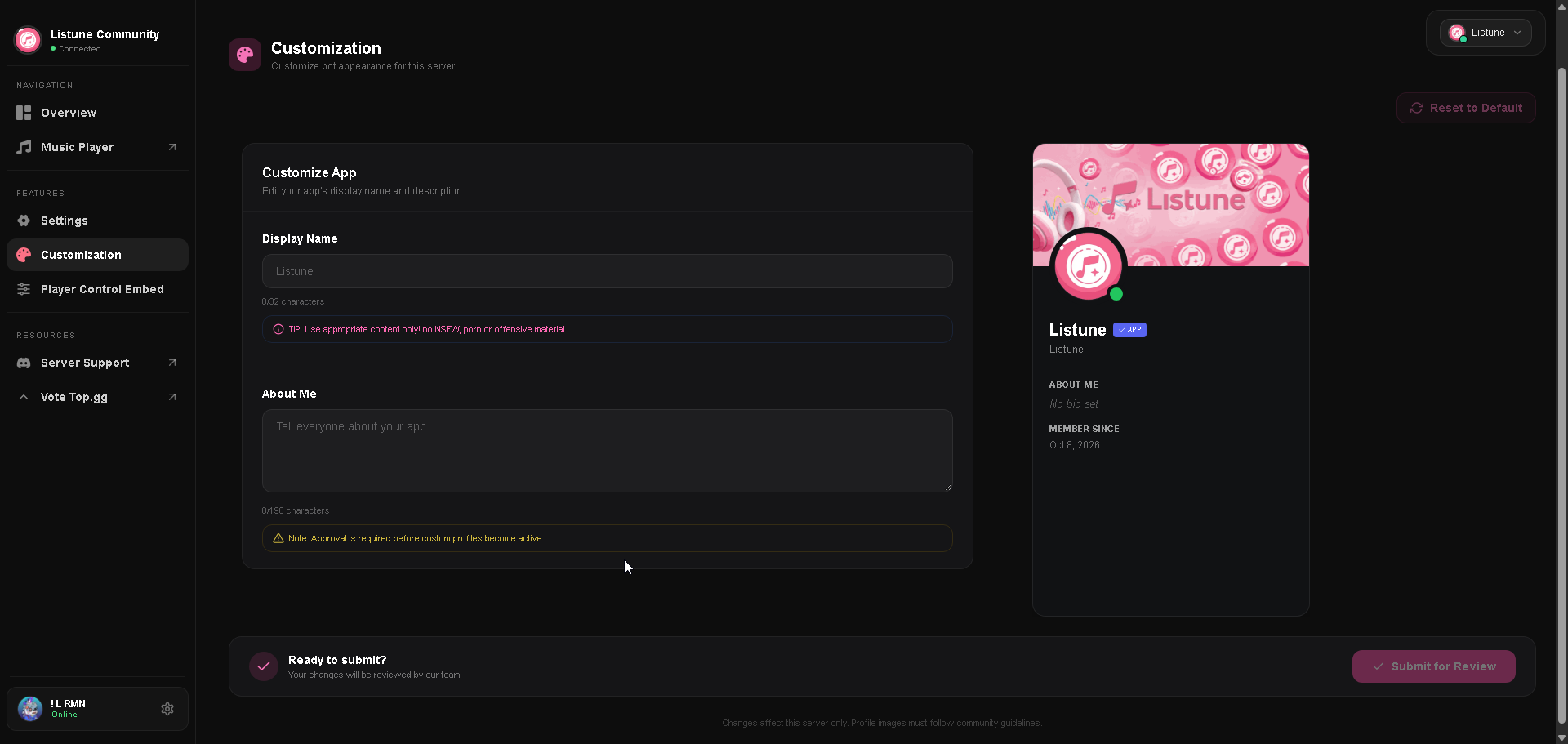 Custom Bot Profile on Web Dashboard