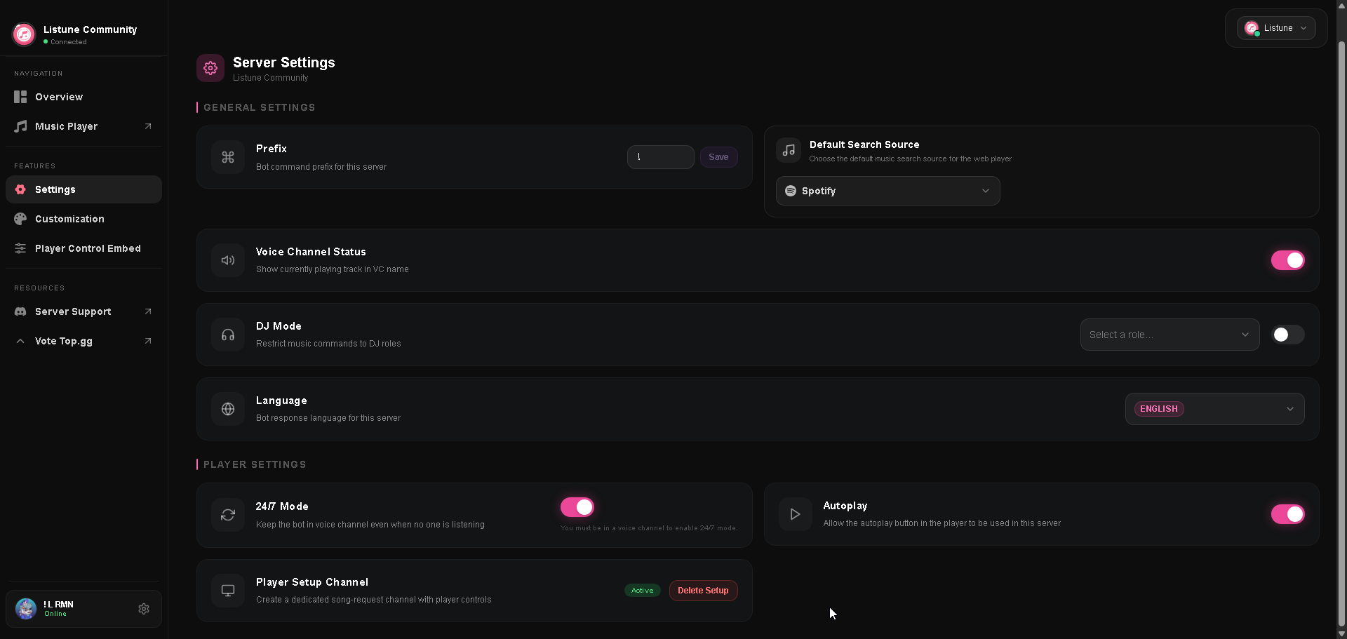 Guild Settings on Web Dashboard